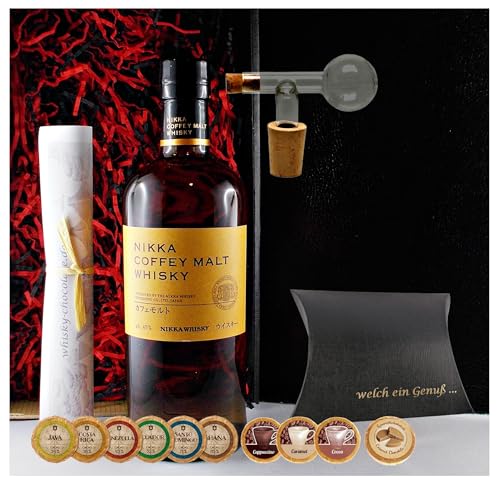 Geschenk Nikka Coffey Malt Whisky + Glaskugelportionierer + Edelschokolade + Fudge von H-BO