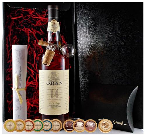 Geschenk Oban 14 Jahre Single Malt Whisky + Glaskugelportionierer + Edelschokolade + Fudge von H-BO