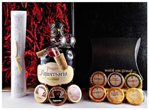 Geschenk Pampero Aniversario Reserva Rum + 9 Edelschokoladen in 9 Sorten + Glaskugelportionierer Geschenk Pampero Aniversario Reserva Rum + 9 Edelschokoladen in 9 Sorten + Glaskugelportionierer von H-BO