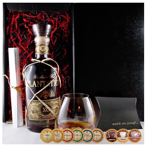 Geschenk Plantation Extra Old Anniversary Rum + 1 Rum Glas + 9 Edelschokoladen in 9 Sorten von H-BO