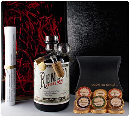 Geschenk Remedy Spiced Rum + 9 Edelschokoladen in 9 Sorten + Glaskugelportionierer von H-BO