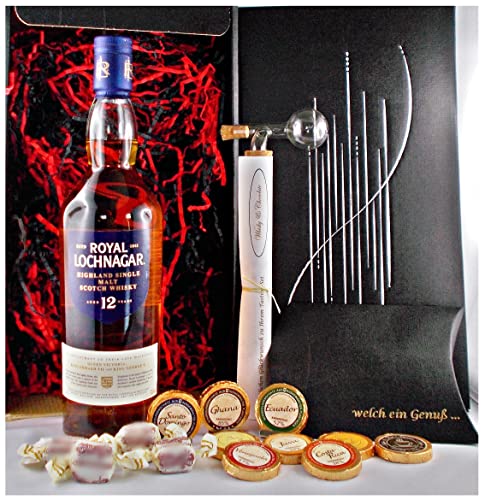 Geschenk Royal Lochnagar 12 Jahre Single Malt Whisky + Glaskugelportionierer + Edelschokolade + Fudge von H-BO