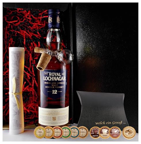 Geschenk Royal Lochnagar 12 Jahre Single Malt Whisky + Glaskugelportionierer + Edelschokolade + Fudge von H-BO