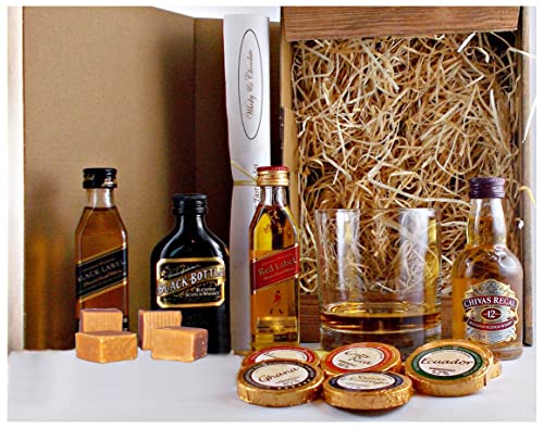 Geschenk Scotch Blend Whisky 4 Miniaturen je 5cl + Stölzle Glas im Karton Holzoptik von H-BO