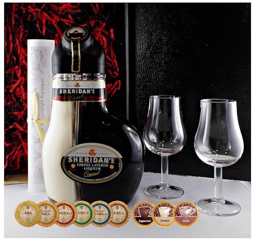 Geschenk Sheridan`s Coffee Likör + 2 Likörgläser + 9 Edelschokoladen in 9 Sorten Geschenk Sheridan`s Coffee Likör + 2 Likörgläser + 9 Edelschokoladen in 9 Sorten von H-BO
