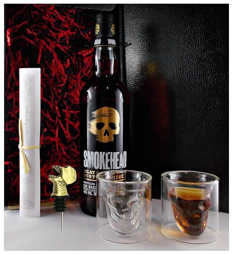 Geschenk Smokehead Single Malt Whisky + Ausgießer Schädel + 2 Whiskey Totenkopf Gläser von H-BO