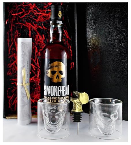 Geschenk Smokehead Single Malt Whisky + Ausgießer Schädel + 2 Whiskey Totenkopf Gläser von H-BO