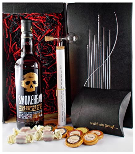 Geschenk Smokehead Single Malt Whisky + Glaskugelportionierer + Edelschokolade + Fudge von H-BO