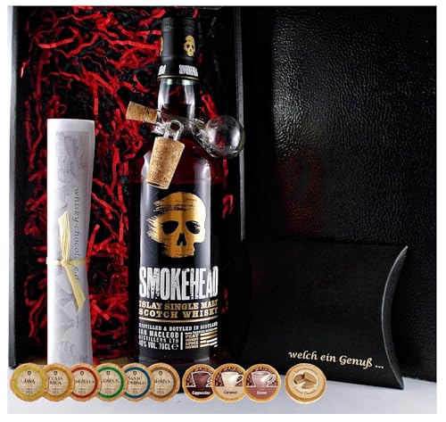 Geschenk Smokehead Single Malt Whisky + Glaskugelportionierer + Edelschokoladen von H-BO
