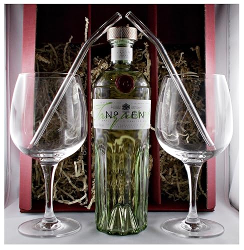 Geschenk Tanqueray No Ten London Dry Gin + 2 Original Gin Tonic Gläser + Trinkhalme aus Glas von H-BO