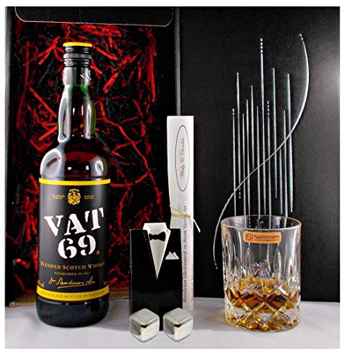 Geschenk VAT 69 Scotch Whisky + Glas Nachtmann + 2 Whiskey Kühlsteine von H-BO