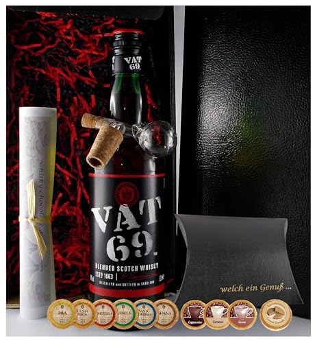 Geschenk VAT 69 Scotch Whisky + Glaskugelportionierer + Edelschokoladen von H-BO