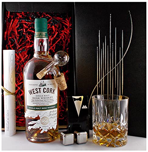 Geschenk West Cork irischer Single Malt Whiskey + Portionierer + Glas + 2 Whisky Kühlsteine von H-BO