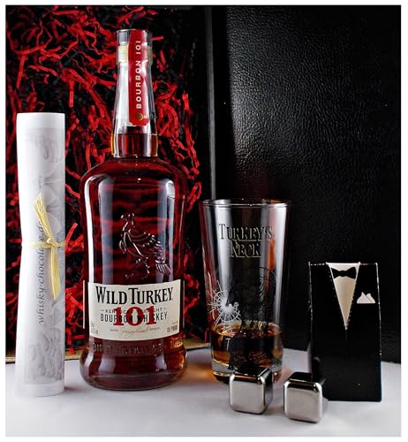 Geschenk Wild Turkey 101 Proof Bourbon Whiskey + Original Glas + 2 Whisky Kühlsteine im Smoking von H-BO