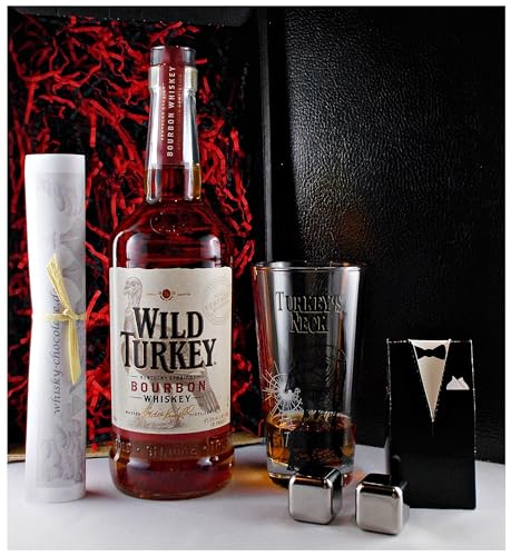 Geschenk Wild Turkey 81 Proof Bourbon Whiskey + Original Glas + 2 Whisky Kühlsteine im Smoking von H-BO