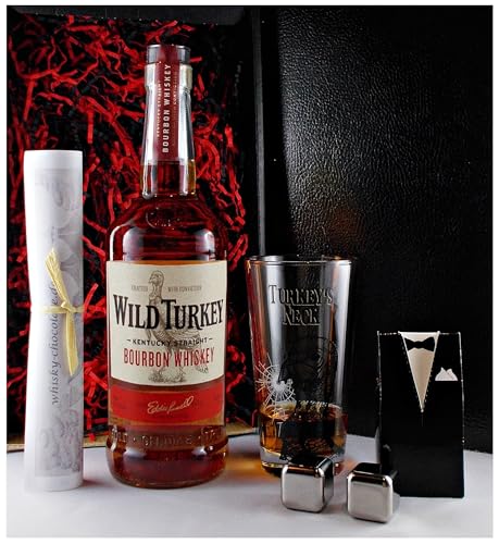 Geschenk Wild Turkey 81 Proof Bourbon Whiskey + Original Glas + 2 Whisky Kühlsteine im Smoking von H-BO