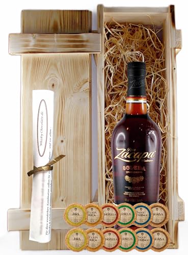 Geschenk Zacapa 23 Centenario Solera Rum +12 Edelschokoladen in Holzkiste von H-BO