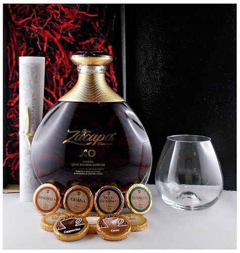 Geschenk Zacapa Ron Centenario XO Solera Rum + 1 Rhum Glas + 9 Edelschokoladen in 9 Sorten von H-BO