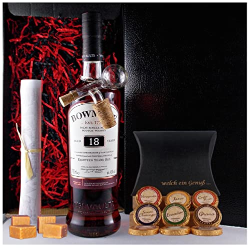H-BO Geschenk Bowmore 18 Jahre Single Malt Whisky + Glaskugelportionierer + Edelschokolade + Whiskey Fudge von H-BO