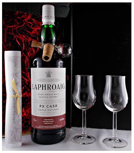 H-BO Geschenk Laphroaig PX 1 Liter Single Malt Whisky + Glaskugelportionierer + 2 Bugatti Gläser von H-BO