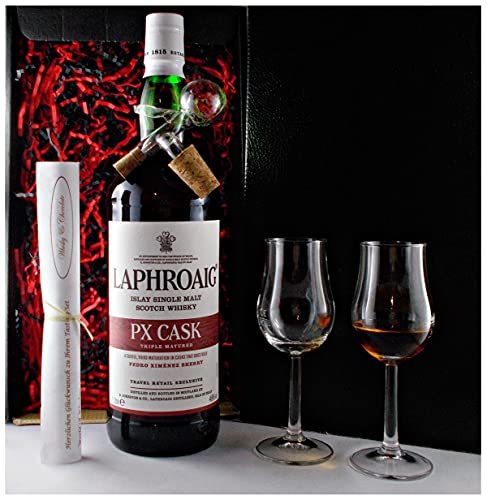 H-BO Geschenk Laphroaig PX 1 Liter Single Malt Whisky + Glaskugelportionierer + 2 Bugatti Gläser von H-BO