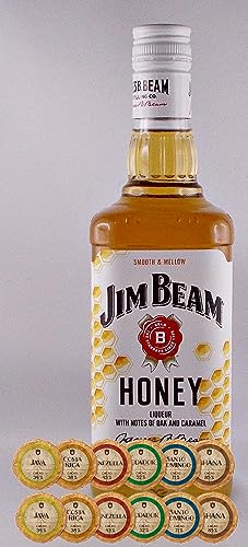 Jim Beam Honey Whiskeylikör neue Ausstattung + 12 Edelschokoladen in 6 Kakaovariationen von H-BO