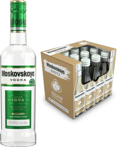 Moskovskaya Premium Vodka 38% vol. (1 x 0,5l) + Shotz Rockin‘ Popcorn Liqueur 17% vol. (12 x 0,05l) von H-O