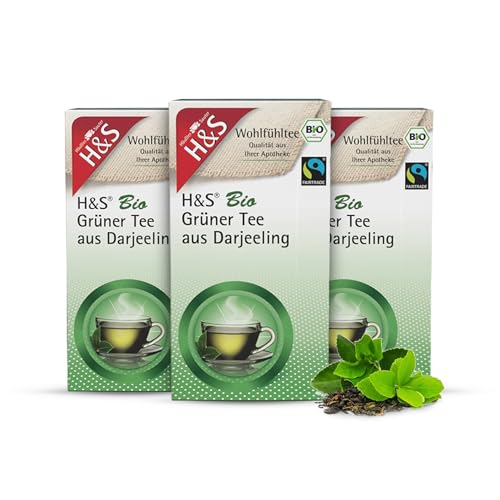 H&S Bio Grüner Tee aus Darjeeling, 3 x 20 Beutel (à 2,0 g): 100% Bio Fair Trade Grüner Tee aus Darjeeling, 3er Pack von H & S