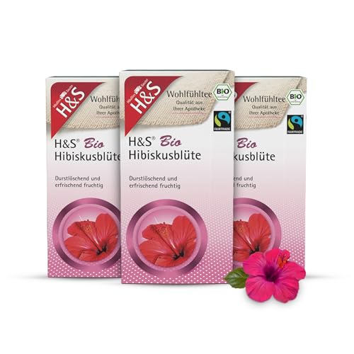 H&S Bio Hibiskusblüte Tee, 3 x 20 Beutel (à 1,75 g): 100% Bio Fair Trade Fruchtkelche von Hibiskusblüten, 3er Pack von H & S