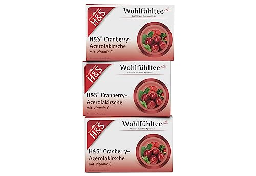 H&S Cranberry-Acerolakirsche mit Vitamin C Tee, 3 x 20 Beutel (à 2,8 g): Fruchtig-süße Teemischung, 3er Pack von H & S