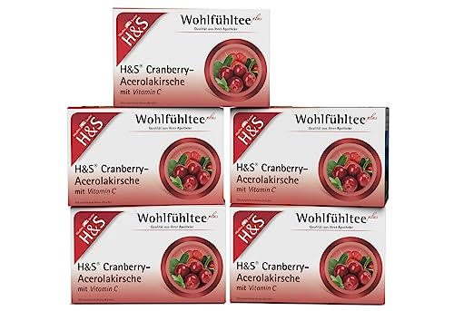 H&S Cranberry-Acerolakirsche mit Vitamin C Tee, 5 x 20 Beutel (à 2,8 g): Fruchtig-süße Teemischung, 5er Pack von H & S
