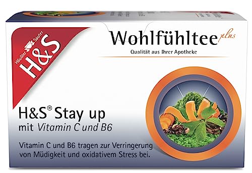 H&S Stay up mit Vitamin C und B6: Herb-süßer Tee mit Grüntee-Extrakt, Guarana, Acai und Curcuma, kombiniert mit Vitaminen, 20 x 1,5 g von H & S