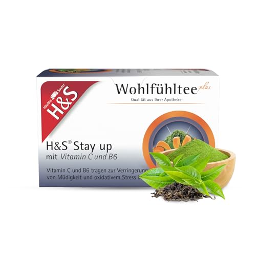 H&S Stay up mit Vitamin C und B6: Herb-süßer Tee mit Grüntee-Extrakt, Guarana, Acai und Curcuma, kombiniert mit Vitaminen, 20 x 1,5 g von H & S