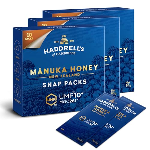 Haddrell’s Manuka Honig Snap Packs MGO 250+ 3er Pack – 30x 8g Portionen für Outdoor-Aktivitäten – Zertifizierter Manukahonig aus Neuseeland, perfekt für Wanderungen, Camping, Ausdauersport & unterwegs von HADDRELLS OF CAMBRIDGE