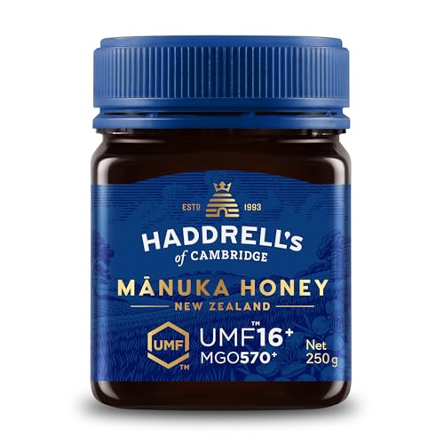 Haddrell's of Cambridge Manuka Honig 550+ MGO (UMF 16+) 250g – Zertifizierter Manukahonig aus Neuseeland – Reich an Methylglyoxal – Nachhaltig, roh und mit hohem MGO-Gehalt – Honig in Premium-Qualität von HADDRELLS OF CAMBRIDGE