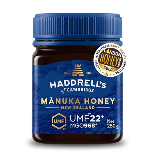 Haddrell's of Cambridge Manuka Honig 1000 MGO circa (UMF 22+) 250g – Zertifizierter Manukahonig aus Neuseeland – Reich an Methylglyoxal – Nachhaltig, roh und mit hohem MGO – Honig in Premium-Qualität von HADDRELLS OF CAMBRIDGE