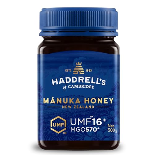 Haddrell's of Cambridge Manuka Honig 550+ MGO (UMF 16+) 500g – Zertifizierter Manukahonig aus Neuseeland – Reich an Methylglyoxal – Nachhaltig, roh und mit hohem MGO-Gehalt – Honig in Premium-Qualität von HADDRELLS OF CAMBRIDGE