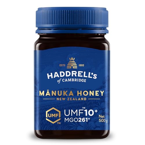 Haddrell's of Cambridge Manuka Honig 250+ MGO (UMF 10+) 500g – Zertifizierter Manukahonig aus Neuseeland – Reich an Methylglyoxal – Nachhaltig, roh und mit hohem MGO-Gehalt – Honig in Premium-Qualität von HADDRELLS OF CAMBRIDGE