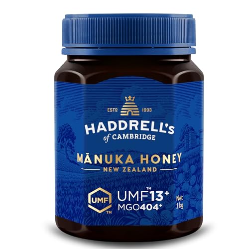 Haddrell's of Cambridge Manuka Honig 400+ MGO (UMF 13+) 1KG – Zertifizierter Manukahonig aus Neuseeland – Reich an Methylglyoxal – Nachhaltig, roh und mit hohem MGO-Gehalt – Honig in Premium-Qualität von HADDRELLS OF CAMBRIDGE