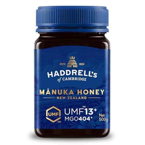 Haddrell's of Cambridge Manuka Honig 400+ MGO (UMF 13+) 500g – Zertifizierter Manukahonig aus Neuseeland – Reich an Methylglyoxal – Nachhaltig, roh und mit hohem MGO-Gehalt – Honig in Premium-Qualität von HADDRELLS OF CAMBRIDGE