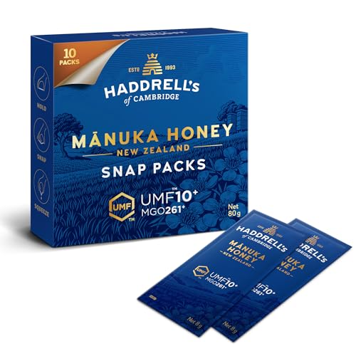 Haddrell’s Manuka Honig Snap Packs 250+ MGO – 10x 8g Portionen für Outdoor-Aktivitäten – Manukahonig-Sticks aus Neuseeland, perfekt für Wanderungen, Camping & unterwegs - Natürlicher Energielieferant von HADDRELLS OF CAMBRIDGE