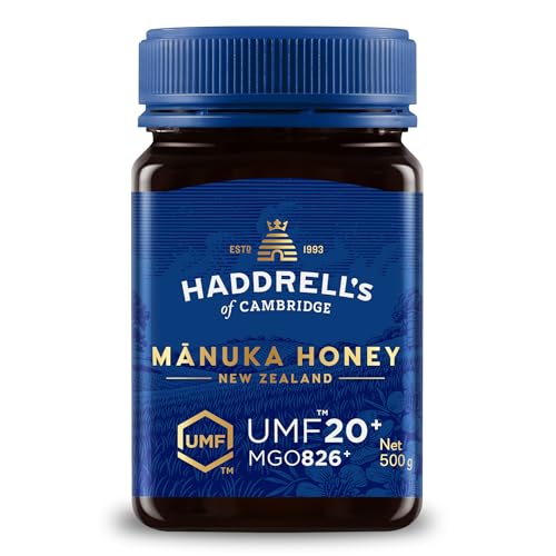 Haddrell's of Cambridge Manuka Honig 800+ MGO (UMF 20+) 500g – Zertifizierter Manukahonig aus Neuseeland – Reich an Methylglyoxal – Nachhaltig, roh und mit hohem MGO-Gehalt – Honig in Premium-Qualität von HADDRELLS OF CAMBRIDGE