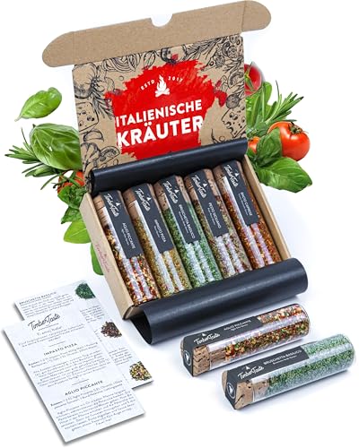 TIMBER TASTE® 5 Italienische Gewürze Geschenkset - Italienische Kräuter Gewürze Set als Geschenk für Erwachsene Männer - Pasta & Pizza Geschenkset zum Kochen - Italienisches Geschenk zum Geburtstag von Timber Taste