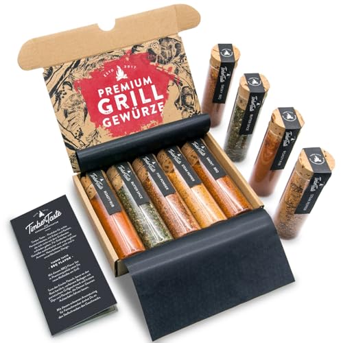 TIMBER TASTE® Grill Gewürze Geschenkset Männer - 5 erlesene BBQ Grillgewürze inkl. Rezepte - Grill BBQ Geschenk - Vatertag Geschenkidee - Vatertagsgeschenk - Gewürze Set für Papa Vatertag von Timber Taste