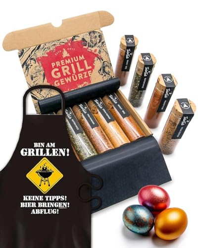 BBQ Grill Gewürze & Grillschürze für Männer - 5 erlesene Grillgewürze inkl. Rezepte, perfektes Grill Geschenk für Männer, Grill Geschenke für Männer, Grill Zubehör Gewürze Set von Timber Taste