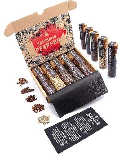 TIMBER TASTE® Pfeffer Geschenkset für Männer & Frauen | 5 erlesene Pfeffer aus aller Welt als besonderes Ostergeschenk für Erwachsene & Pfefferliebhaber | Pfeffer Set Genusspaket Geschenk zu Ostern von Timber Taste