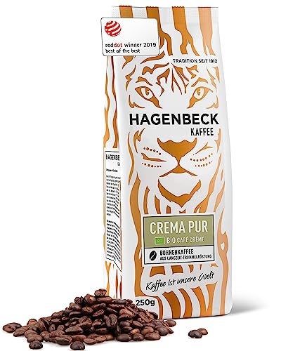Hagenbeck Bio-Crema Pur 250g | Ganze Bio-Kaffee-Bohnen aus deutscher Röstung | Cremig & kräftig | Ideal als Cappuccino, Café Crème, Latte Macchiato & Espresso | Für Kaffee-Vollautomat von Hagenbeck Kaffee