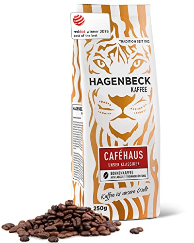 Hagenbeck Caféhaus 250g | Ganze Kaffee-Bohnen | Klassisch-vollkommenes Aroma | Mittelstarker Röstkaffee aus 100% Arabica-Mischung | Besonders schonend gerösteter Bohnen-Kaffee von Hagenbeck Kaffee