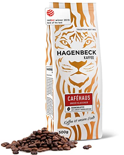 Hagenbeck Caféhaus 500g | Ganze Kaffee-Bohnen | Klassisch-vollkommenes Aroma | Mittelstarker Röstkaffee aus 100% Arabica-Mischung | Besonders schonend gerösteter Bohnen-Kaffee von Hagenbeck Kaffee
