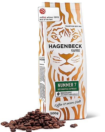 Hagenbeck Nummer 7 500g | Ganze Espresso-Bohnen aus traditioneller Röstung | Kräftig-würziger Geschmack mit schokoladig-nussiger Note | Kaffeebohnen stark | Ideal für Kaffee-Vollautomaten von Hagenbeck Kaffee